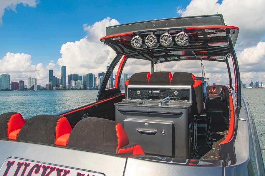 Abundant Luxurious Seating: <p>The 44 Open Deck can comfortably accommodate your entire crew behind the helm, the aft seats and up front in the bow loungers.</p>
