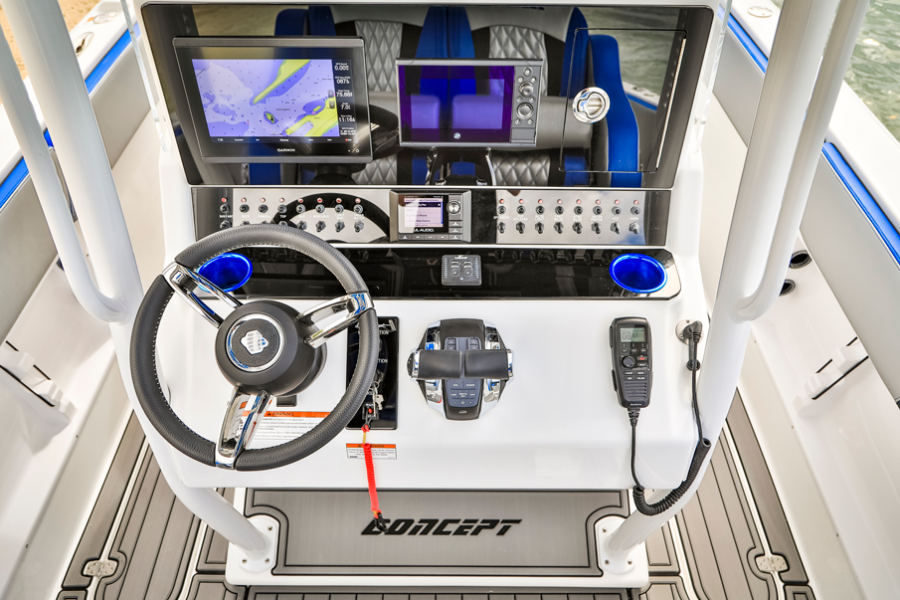 Helm Station: <p>The console on the 36 Open can accommodate multiple navigation displays with plenty of space for switches, cup holders and controls.</p>
